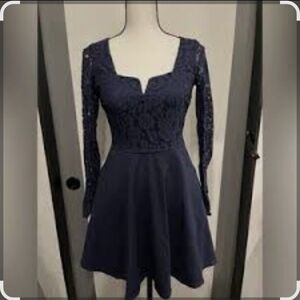 City Vibe Elegant Navy Lace Dress With Pockets, Size 13